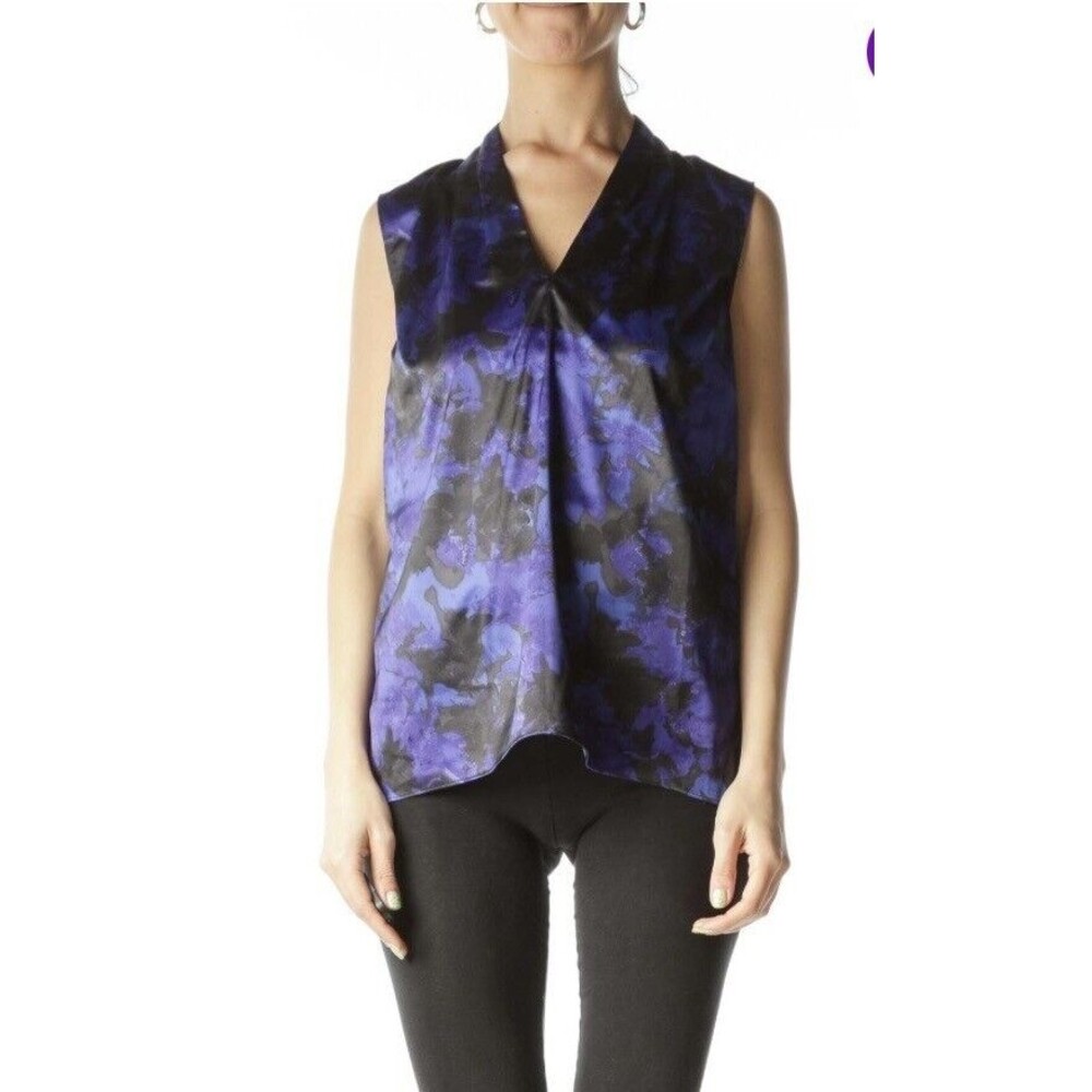 NWT T Tahari Abstract Print Sleeveless Draped Blouse Blue Black Medium